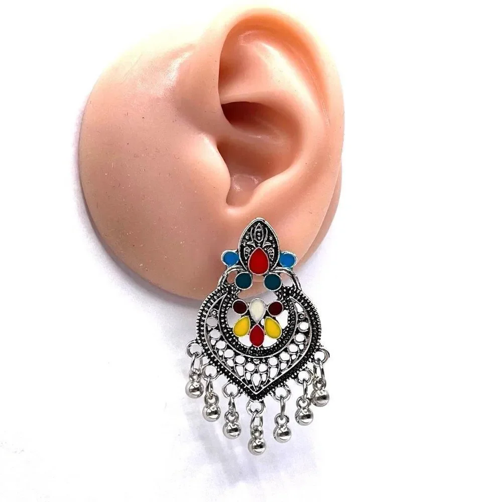 Silver with Multicolored Oil Drip Boho Dangling Drop Post Back Earrings